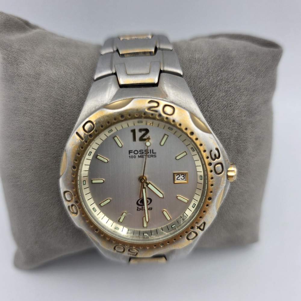 Fossil Blue AM3424 Two-Tone Silver & Gold 8.5" Men's Watch 100 Meters 36mm Case - Picture 2 of 5